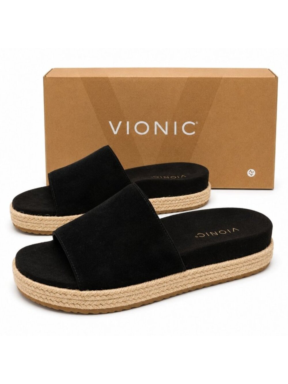 Vionic Yasmina Supportive Platform Sandals Black Suede Womens 9.5 Comfort Slides